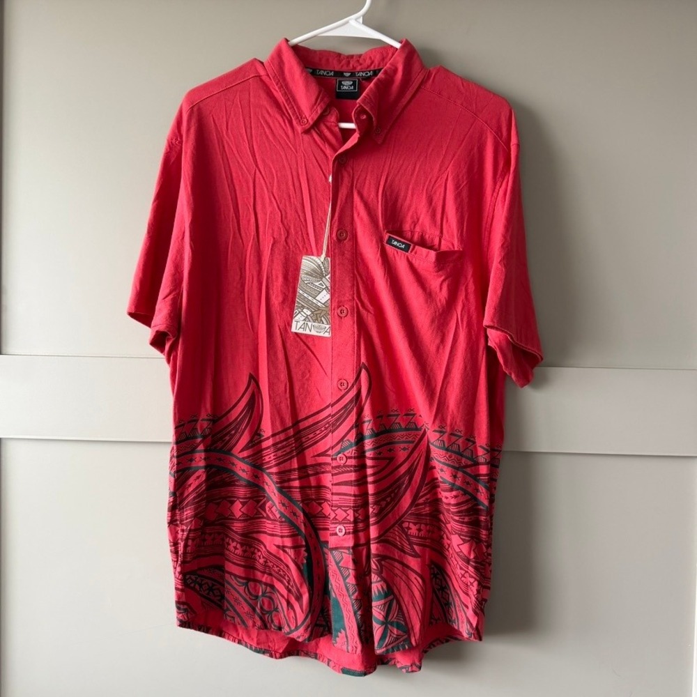 New Tanoa Timoteo Shirt Mens M Red Polynesian Tribal Knit Button Down